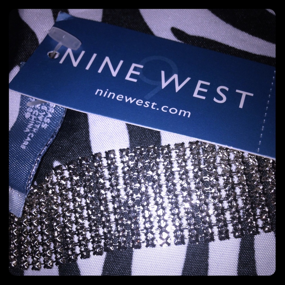 Nine West Black, White & Blue Zebra Print Scarf with Silver Rhinestone Trim